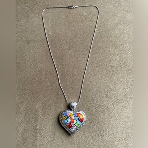 Short Silver Necklace w/ Silver Framed Multicoloured Murano Glass Heart Pendant